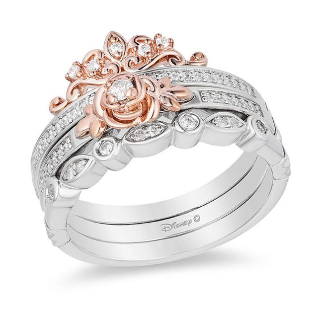 Enchanted Disney Belle 1/5 CT. T.w. Diamond Rose Stackable Band Set in Sterling Silver and 10K Rose Gold
