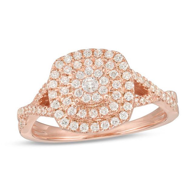 1/2 CT. T.w. Diamond Triple Cushion Frame Crossover Shank Engagement Ring in 10K Rose Gold