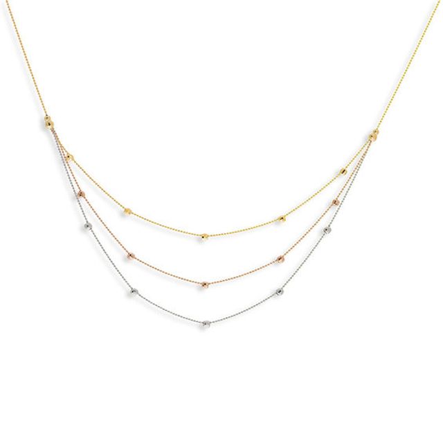 Diamond-Cut Bead Station Triple Strand Necklace in 14K Tri-Tone Gold - 17"