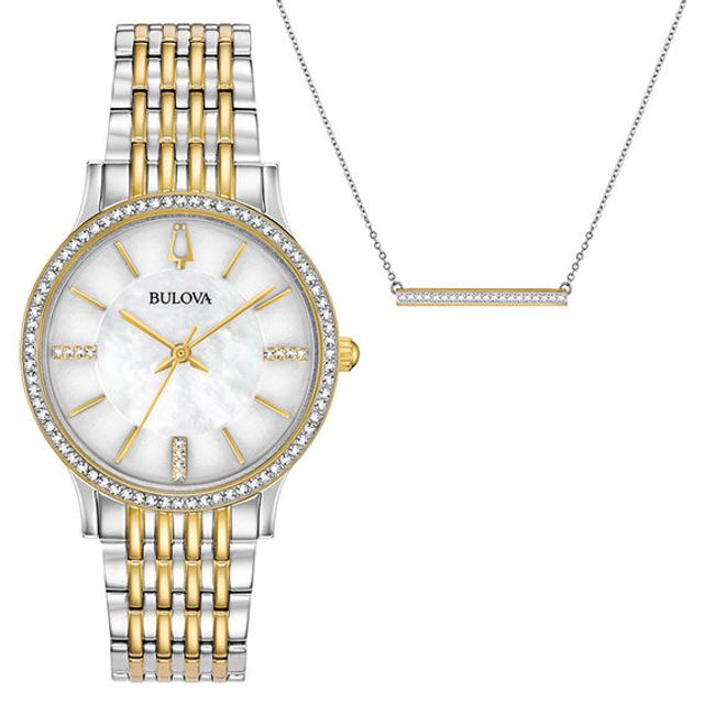 Ladies' Bulova Crystal Accent Two-Tone Watch and Necklace Boxed Set (Model: 98X118)
