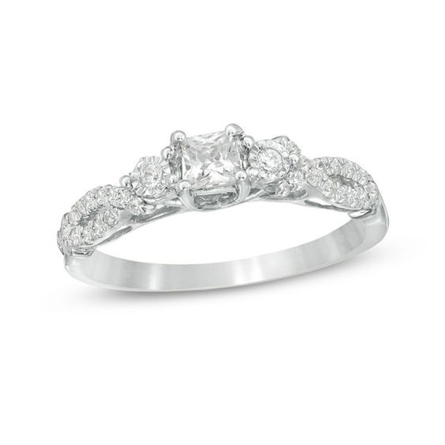 3/8 CT. T.w. Princess-Cut Diamond Three Stone Crossover Shank Engagement Ring in 10K White Gold