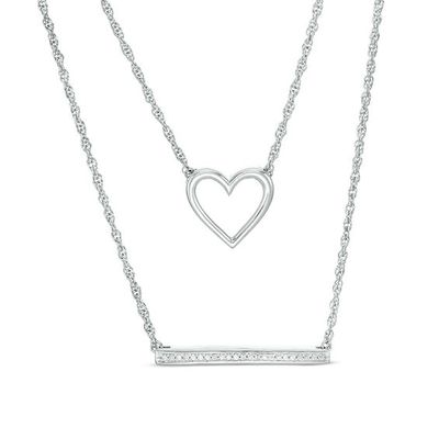 1/15 CT. T.w. Diamond Heart Outline and Bar Double Strand Necklace in Sterling Silver - 20"