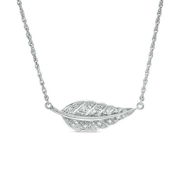 Diamond Accent Sideways Feather Necklace in Sterling Silver