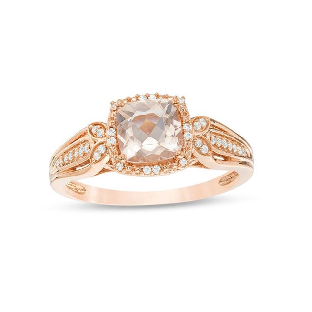 Cushion-Cut Morganite and 1/10 CT. T.w. Diamond Beaded Frame Leaf-Sides Loop Shank Engagement Ring in 10K Rose Gold