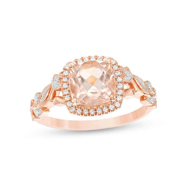 6.0mm Cushion-Cut Morganite and 1/10 CT. T.w. Diamond Frame Leaf Shank Vintage-Style Engagement Ring in 10K Rose Gold