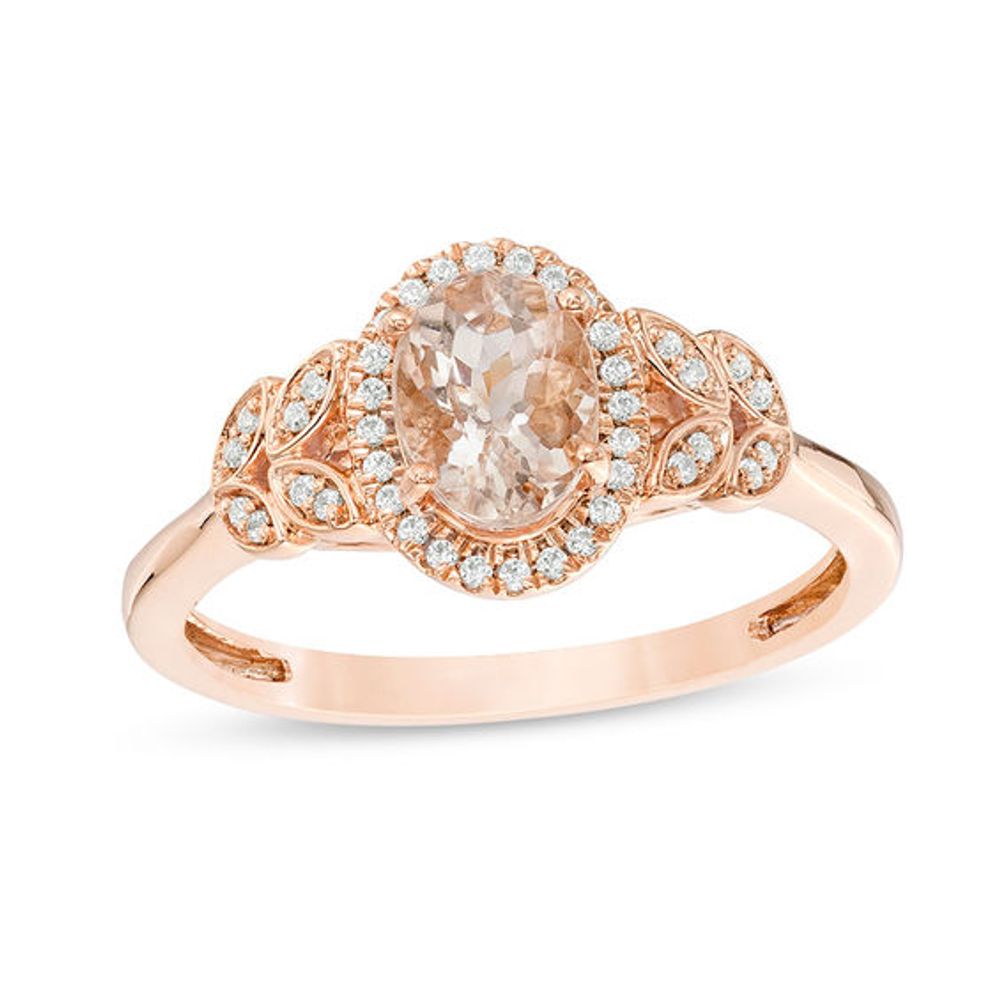 Oval Morganite and 1/10 CT. T.w. Diamond Frame Layered Leaf-Sides Engagement Ring in 10K Rose Gold