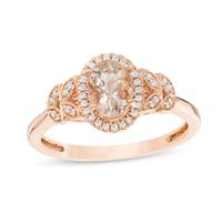 Oval Morganite and 1/10 CT. T.w. Diamond Frame Layered Leaf-Sides Engagement Ring in 10K Rose Gold