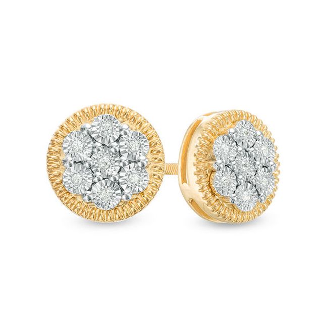 1/20 CT. T.w. Multi-Diamond Textured Frame Stud Earrings in Sterling Silver with 14K Gold Plate