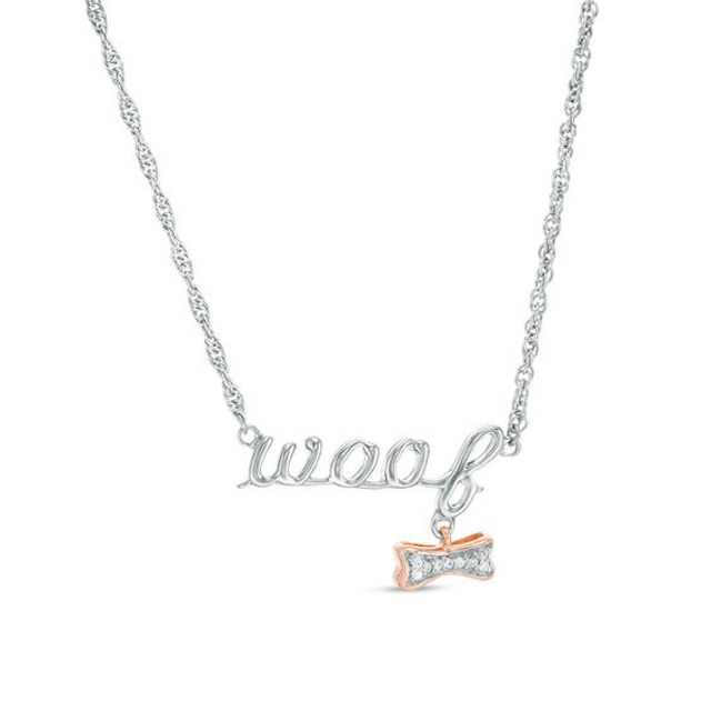 Diamond Accent "woof" and Dog Bone Dangle Necklace in Sterling Silver and 10K Rose Gold