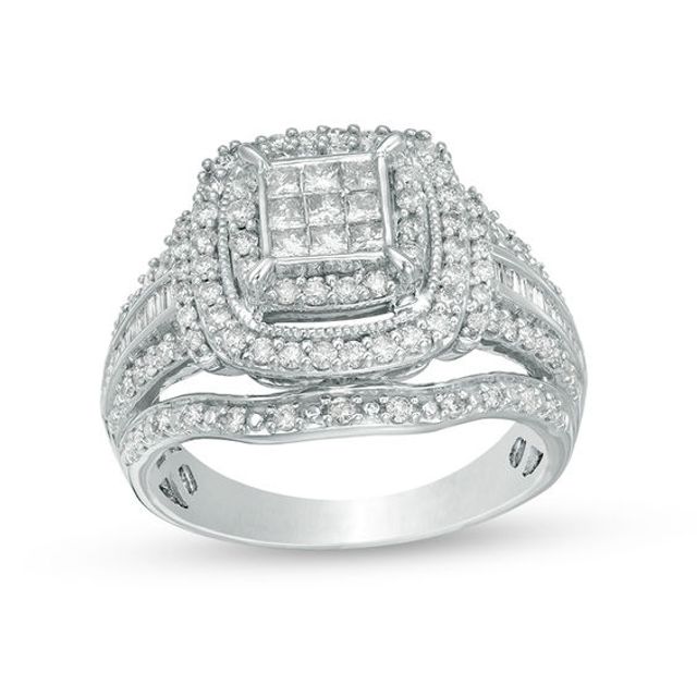 1 CT. T.w. Princess-Cut Composite Diamond Double Frame Multi-Row Vintage-Style Engagement Ring in 10K White Gold