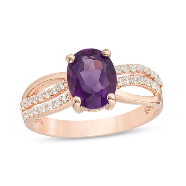 Oval Amethyst and White Topaz Double Row Crossover Split Shank Ring Sterling Silver with 18K Rose Gold Plate