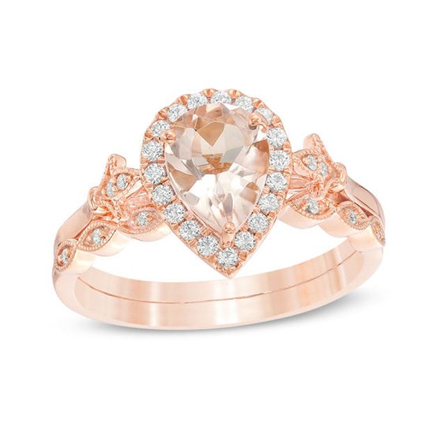 Pear-Shaped Morganite and 1/5 CT. T.w. Diamond Frame Fleur-de-Lis Vintage-Style Bridal Set in 10K Rose Gold