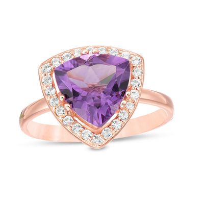 9.0mm Trillion-Cut Amethyst and White Topaz Frame Ring in Sterling Silver with 18K Rose Gold Plate