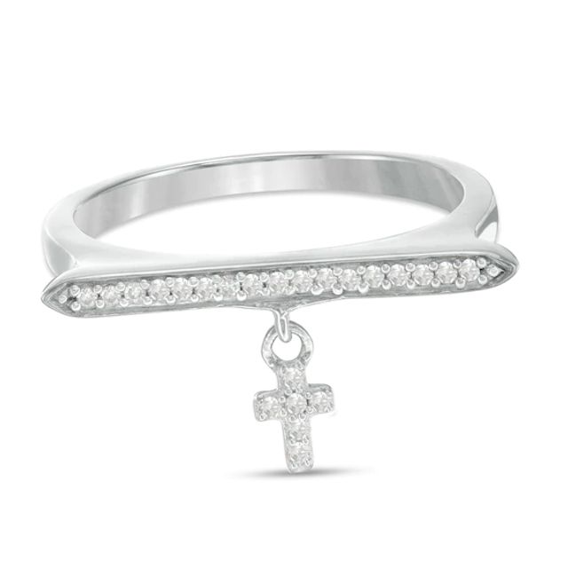 1/10 CT. T.w. Diamond Cross Dangle Bar Ring in 10K White Gold - Size 7