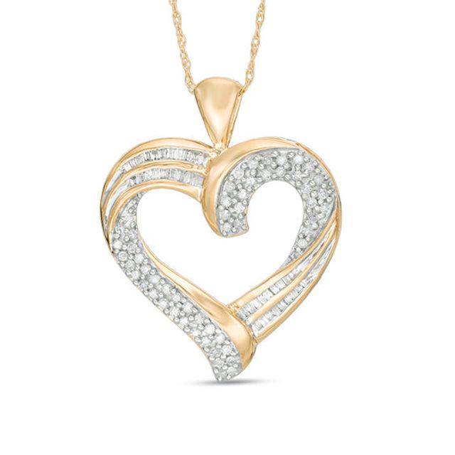1/2 CT. T.w. Baguette and Round Diamond Double Swirl Ribbon Heart Pendant in 10K Gold
