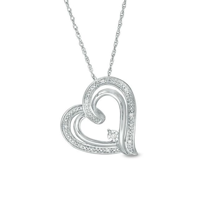 Diamond Accent Tilted Double Heart Outline Pendant in Sterling Silver