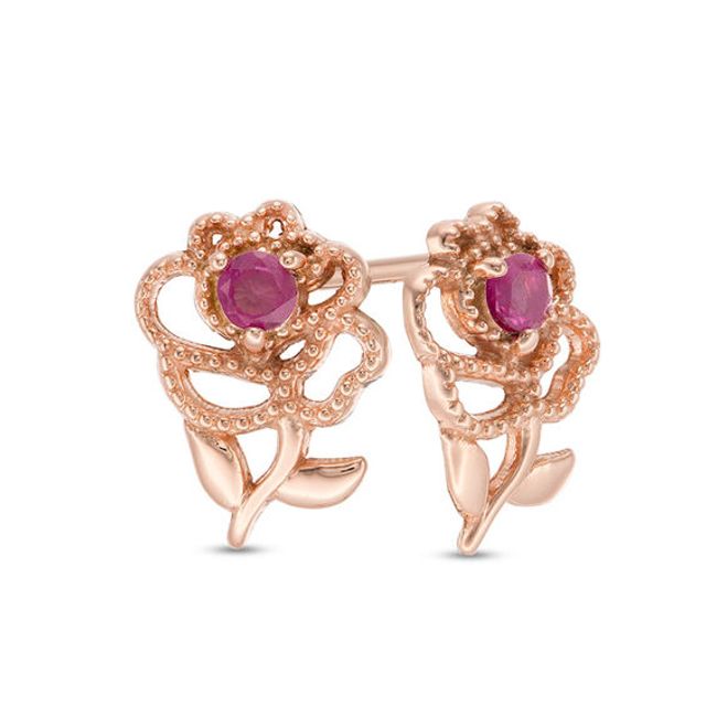 Child's Disney Twinkle Belle Ruby Beaded Rose Stud Earrings in 14K Gold