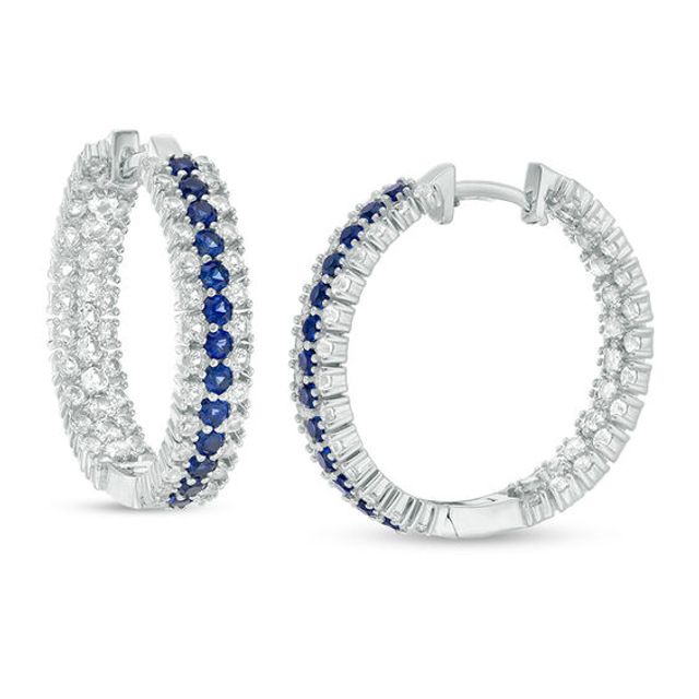 Lab-Created Blue and White Sapphire Triple Row Inside-Out Hoop Earrings in Sterling Silver