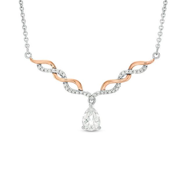 Pear-Shaped Lab-Created White Sapphire Twist Necklace in Sterling Silver and 10K Rose Gold - 17"