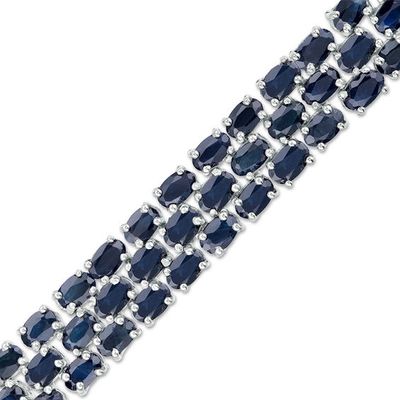 Oval Blue Sapphire Triple Row Bracelet in Sterling Silver - 7.5"