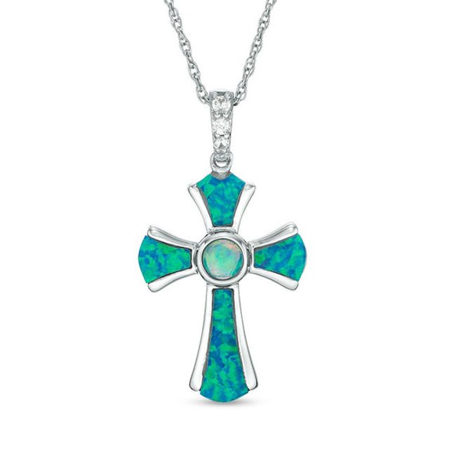 Lab-Created Blue Opal and White Sapphire Gothic-Style Cross Drop Pendant in Sterling Silver