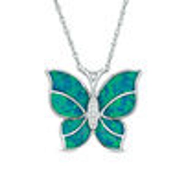 Lab-Created Blue Opal and White Sapphire Butterfly Pendant in Sterling Silver
