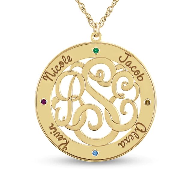 Simulated Birthstone and Monogram Circle Engravable Pendant (3 Initials, 4 Names and Stones)