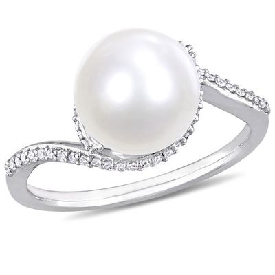 9.0 - 9.5mm Cultured Freshwater Pearl and 1/6 CT. T.w. Diamond Bypass Ring 10K White Gold