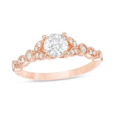 1 CT. T.w. Diamond Leaf-Sides Art Deco Engagement Ring in 14K Rose Gold