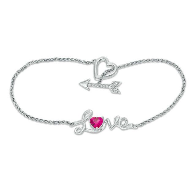 5.0mm Heart-Shaped Lab-Created Ruby and White Sapphire "Love" and Arrow Toggle Bracelet in Sterling Silver - 7.25"