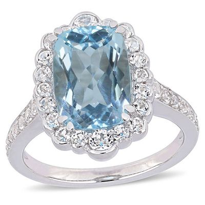Elongated Blue and White Topaz Scallop Frame Ring in Sterling Silver