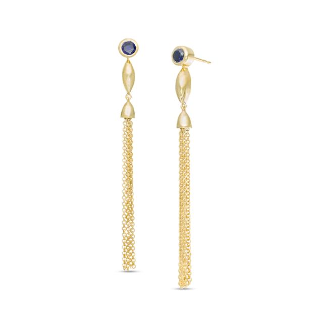 Lab-Created Blue Sapphire Solitaire Marquise Accent Tassel Drop Earrings in Sterling Silver with 14K Gold Plate