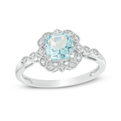 Cushion-Cut Simulated Aquamarine and 0.04 CT. T.w. Diamond Frame Vintage-Style Engagement Ring in Sterling Silver