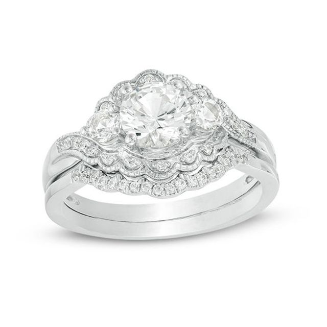 Lab-Created White Sapphire and 1/6 CT. T.w. Diamond Three Stone Bypass Vintage-Style Bridal Set in Sterling Silver