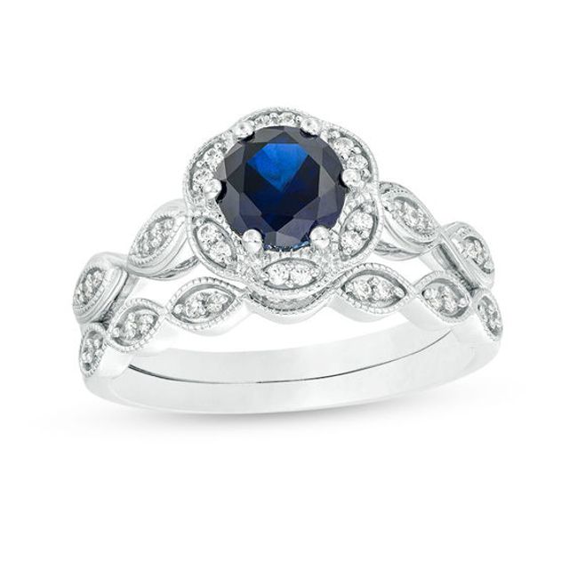 6.0mm Lab-Created Blue Sapphire and 1/5 CT. T.w. Diamond Frame Bridal Set in 10K White Gold