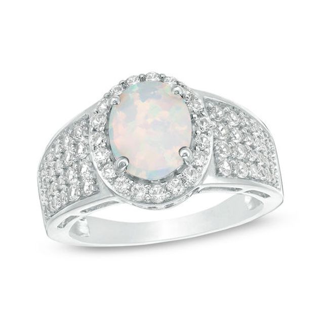 Oval Lab-Created Opal and White Sapphire Frame Multi-Row Ring in Sterling Silver