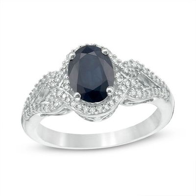 Oval Blue Sapphire and 1/5 CT. T.w. Diamond Frame Scrolling Split Shank Ring in 10K White Gold