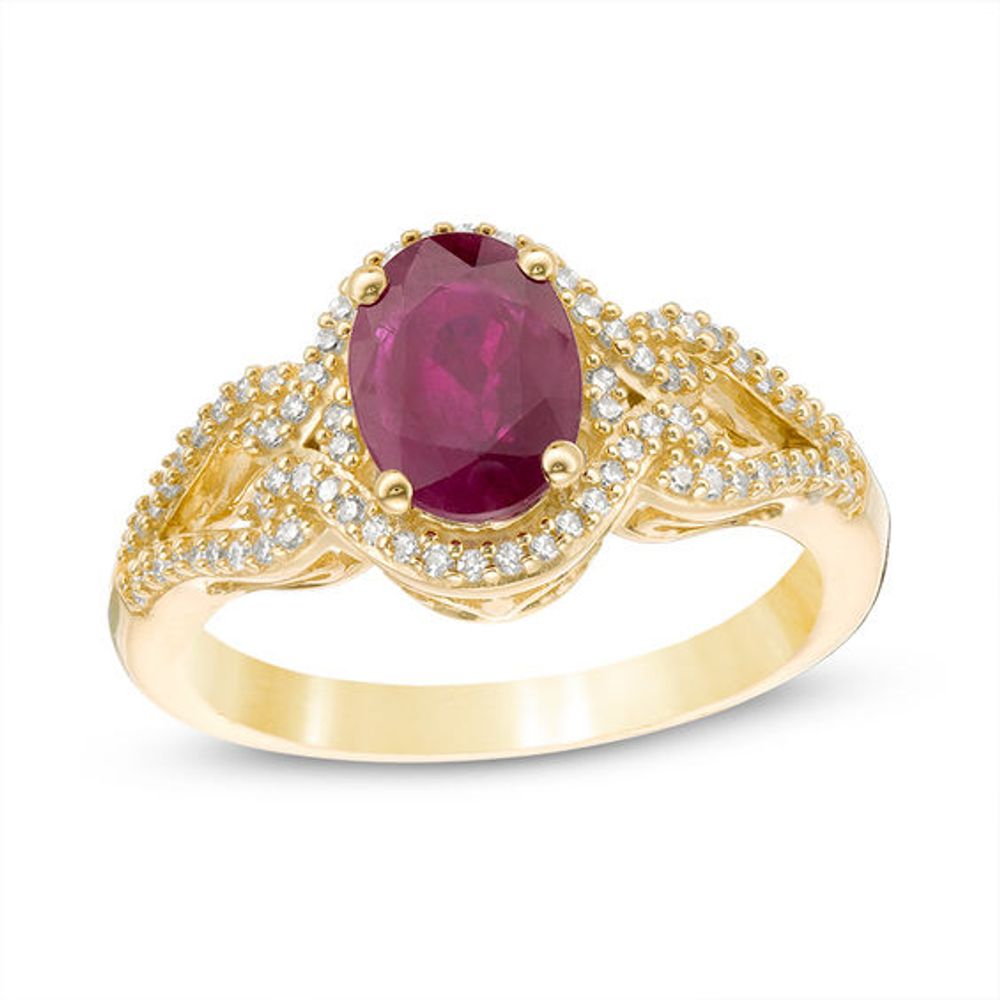Oval Ruby and 1/5 CT. T.w. Diamond Frame Scrolling Split Shank Ring in 10K Gold