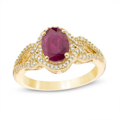 Oval Ruby and 1/5 CT. T.w. Diamond Frame Scrolling Split Shank Ring in 10K Gold