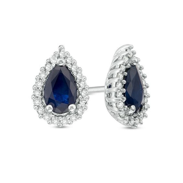 Pear-Shaped Blue Sapphire and 1/8 CT. T.w. Diamond Frame Stud Earrings in 10K White Gold