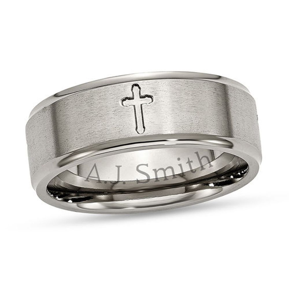 Men's 8.0mm Engravable Cutout Cross Wedding Band in Titanium (1 Line)