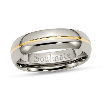 Men's 6.0mm Engravable Wedding Band in Titanium with 14K Gold Plate Inlay (1 Line)