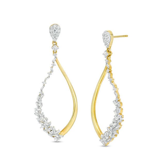 7/8 CT. T.w. Baguette and Round Diamond Scatter Teardrop Earrings in 10K Gold