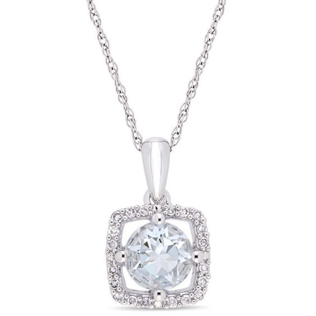 6.0mm Aquamarine and 1/10 CT. T.w. Diamond Cushion Frame Pendant in 10K White Gold - 17"