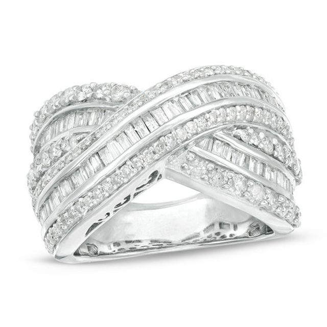 2 CT. T.w. Baguette and Round Diamond Triple-Row Crossover Ring in 10K White Gold - Size 7