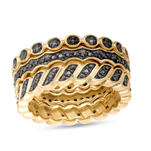 1/4 CT. T.w. Black Diamond Geometric Three Piece Stackable Band Set in Sterling Silver with 14K Gold Plate