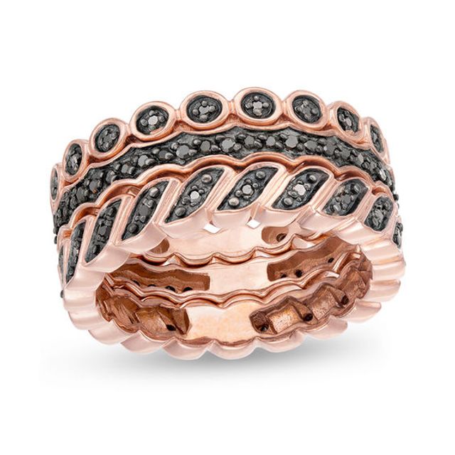 1/4 CT. T.w. Black Diamond Three Piece Stackable Band Set in Sterling Silver with 14K Rose Gold Plate