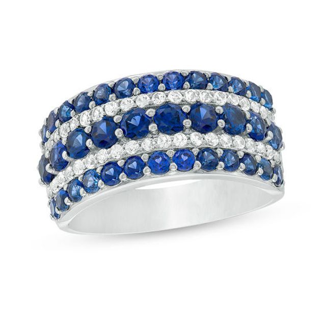 Lab-Created Blue and White Sapphire Multi-Row Ring in Sterling Silver