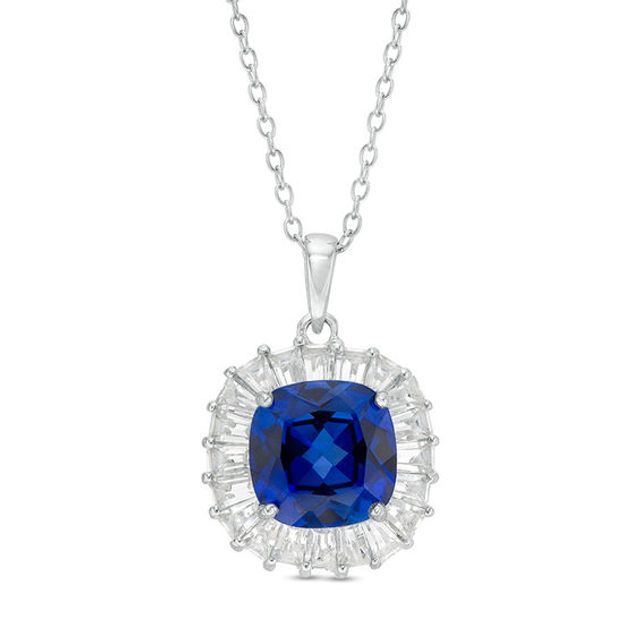 9.0mm Cushion-Cut Lab-Created Blue and White Sapphire Frame Pendant in Sterling Silver