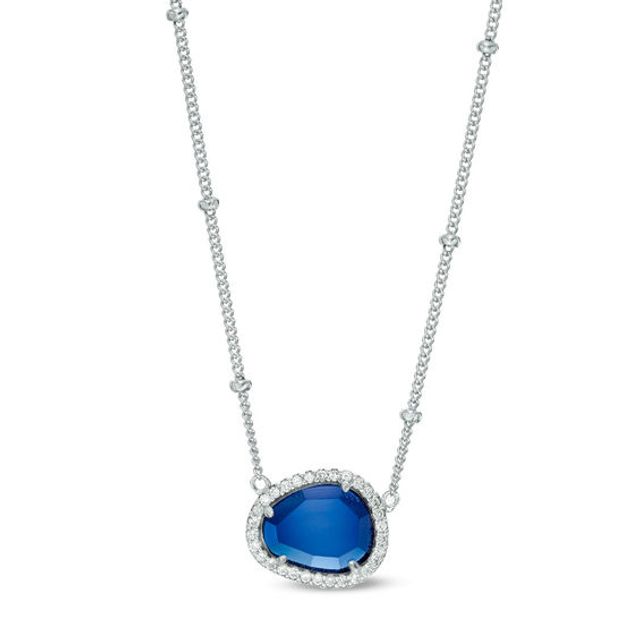 Abstract Pear-Shaped Lab-Created Blue and White Sapphire Frame Bead Station Necklace in Sterling Silver